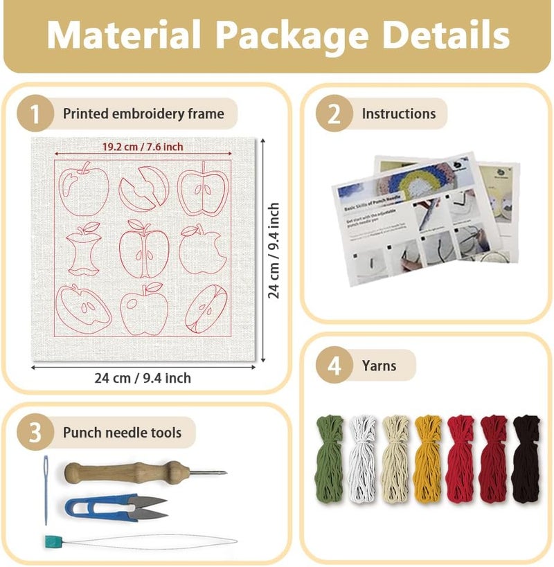 DOODLREAM 9 Styles Apple DIY Punch Needle Embroidery Kit for Adult Beginner, 9.4" Red Apple Fruit Punch Stitching Craft Set for Starter with Frame, Fabric Pattern, Threader, Yarn, Pinch Needle - Image 2